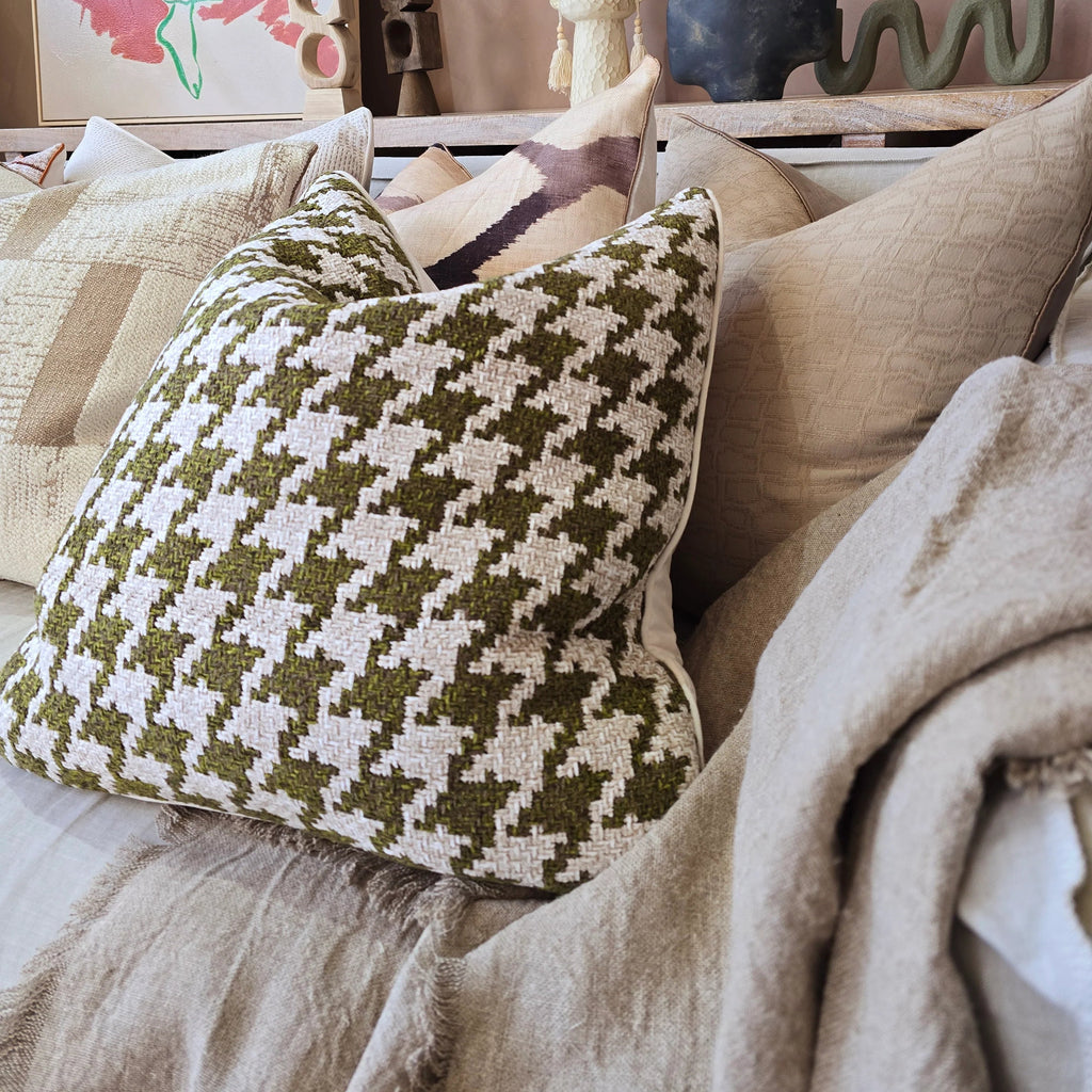 Macey & Moore Houndstooth Cushion Olive Green